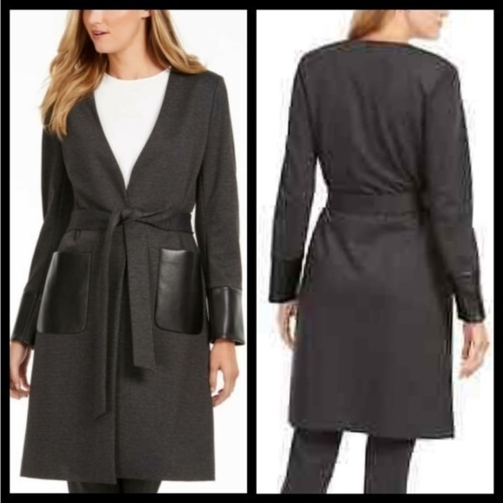 Calvin Klein Women's Faux Leather Trim Belted Cardigan Black Size 4